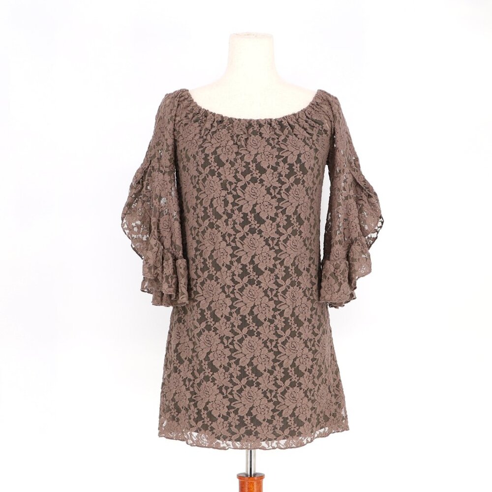 NWT ELAN Off-the-Shoulder Truffle Brown Lace Flared Sleeve Mini Dress Size M